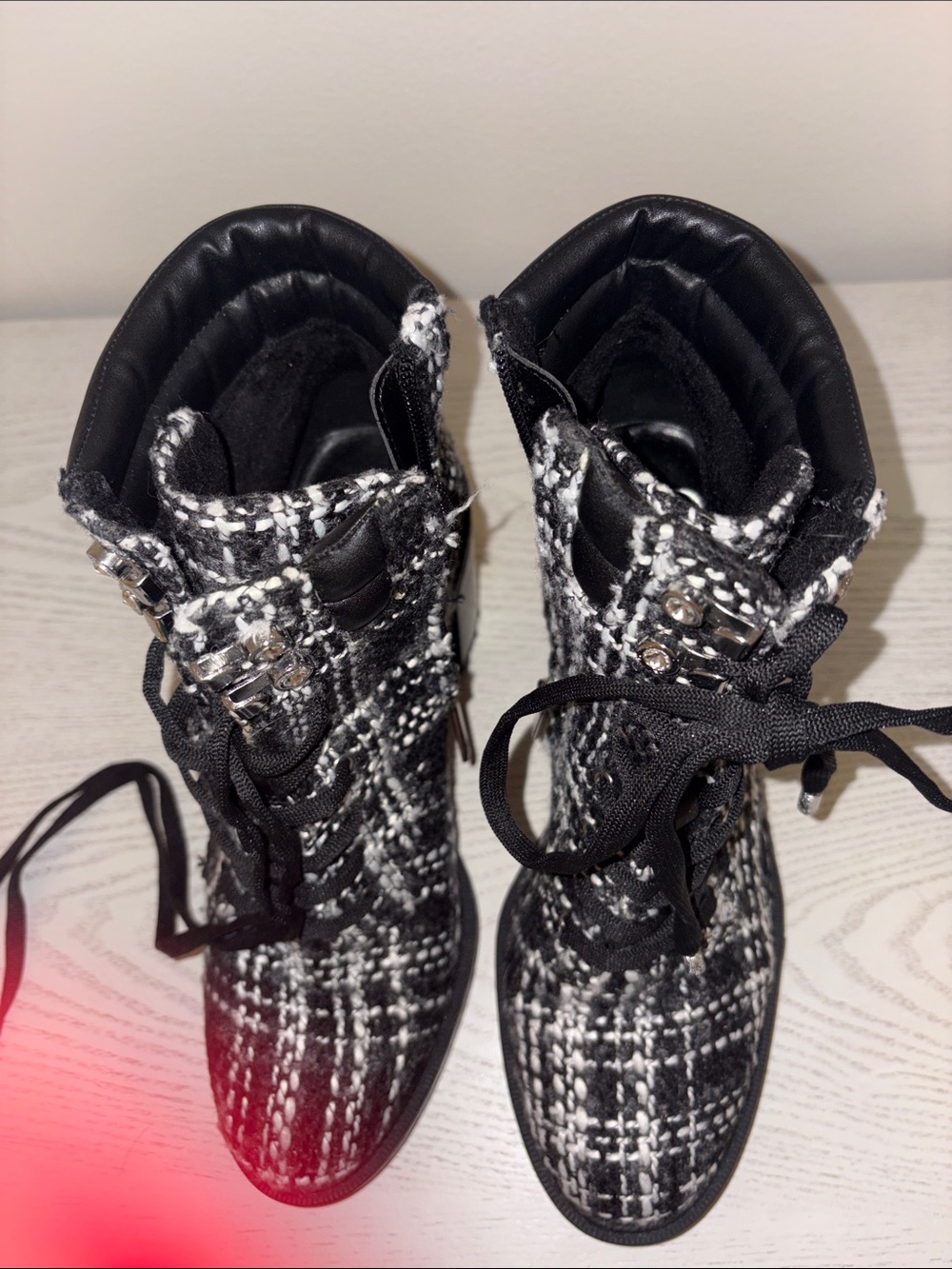 JLo B&W Tweed Lace-Up Chunky Heel Ankle Boots w/zip & jewel accents - Picture 4 of 14